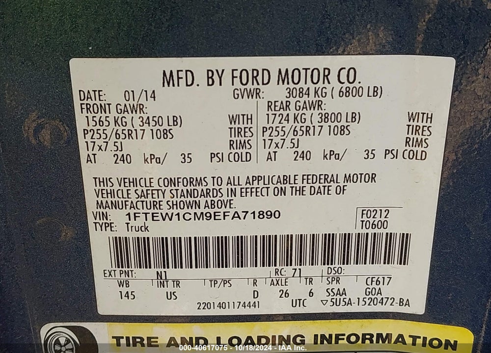 2014 FORD F-150 XLT VIN: 1FTEW1CM9EFA71890