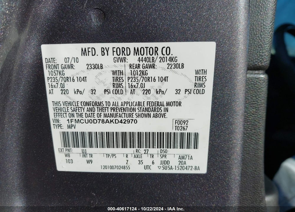 2010 FORD ESCAPE XLT VIN: 1FMCU0D78AKD42970