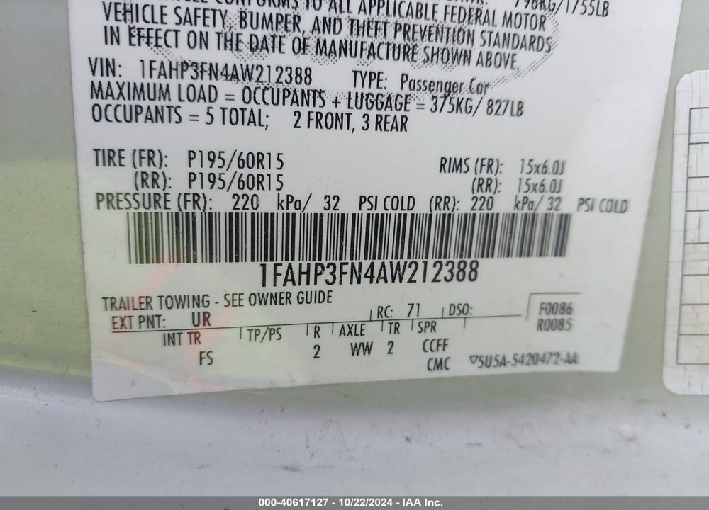 2010 FORD FOCUS SE VIN: 1FAHP3FN4AW212388