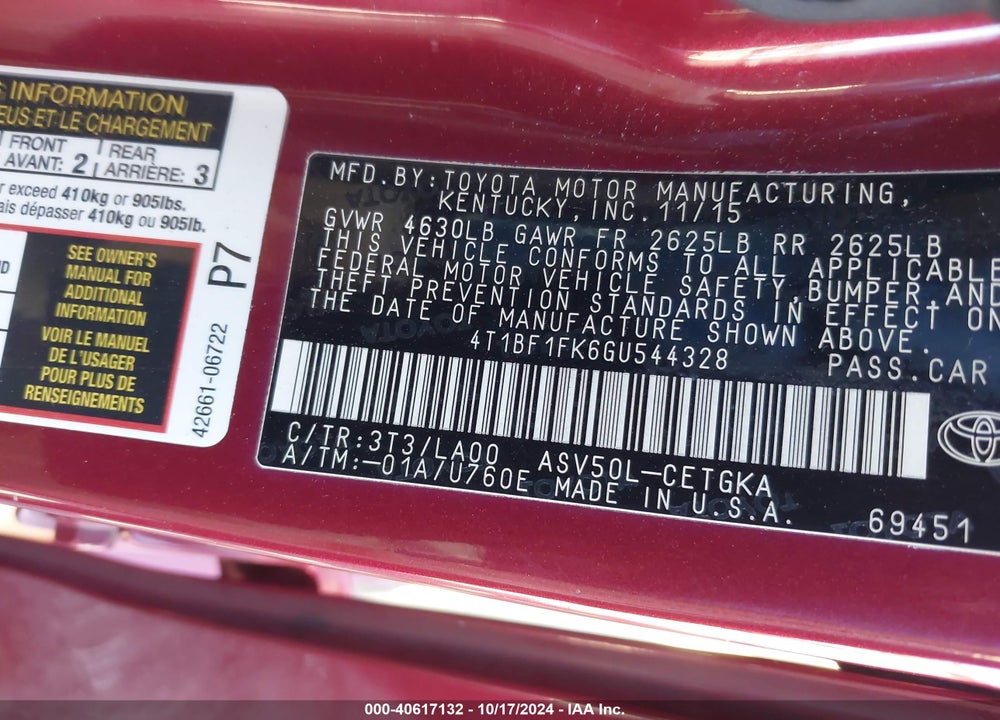 2016 TOYOTA CAMRY XLE VIN: 4T1BF1FK6GU544328