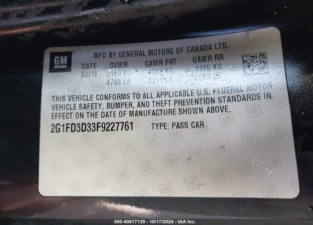 2015 CHEVROLET CAMARO 1LT VIN: 2G1FD3D33F9227761