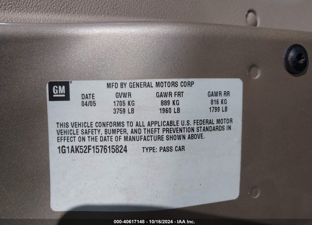 2005 CHEVROLET COBALT VIN: 1G1AK52F157615824