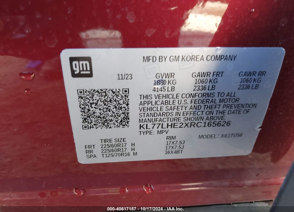 2024 CHEVROLET TRAX FWD LT VIN: KL77LHE2XRC165626