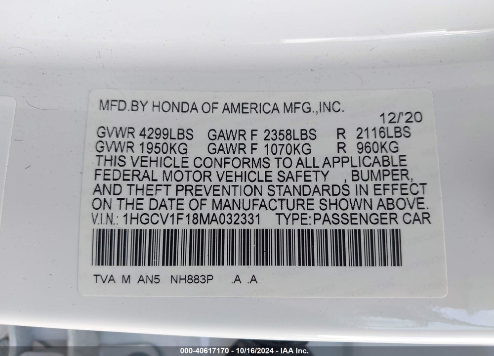 2021 HONDA ACCORD LX VIN: 1HGCV1F18MA032331