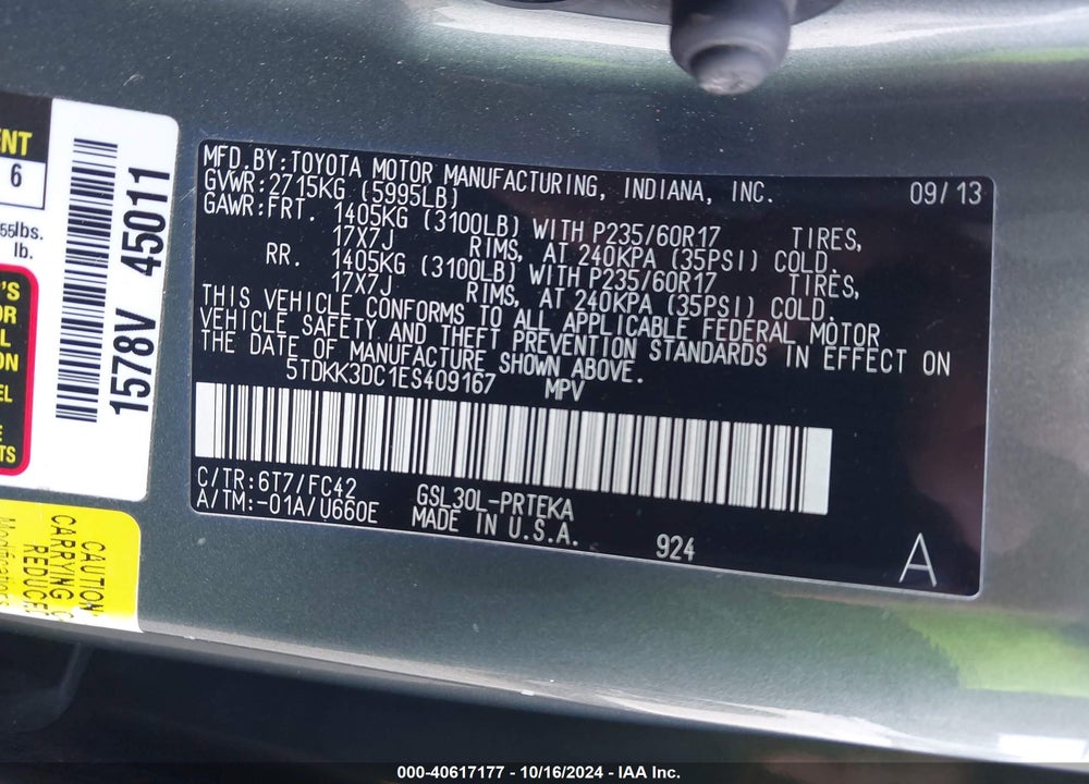 2014 TOYOTA SIENNA LE V6 8 PASSENGER VIN: 5TDKK3DC1ES409167