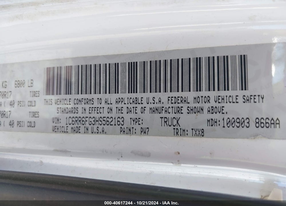 2017 RAM 1500 TRADESMAN 4X2 6'4 BOX VIN: 1C6RR6FG3HS562163