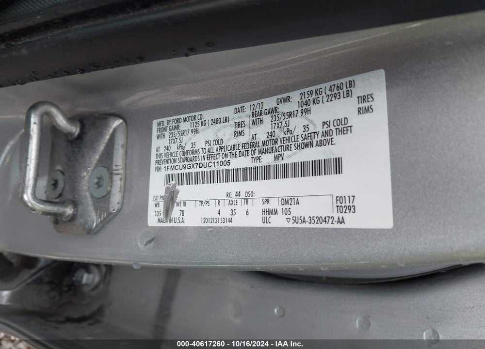 2013 FORD ESCAPE SE VIN: 1FMCU9GX7DUC11005