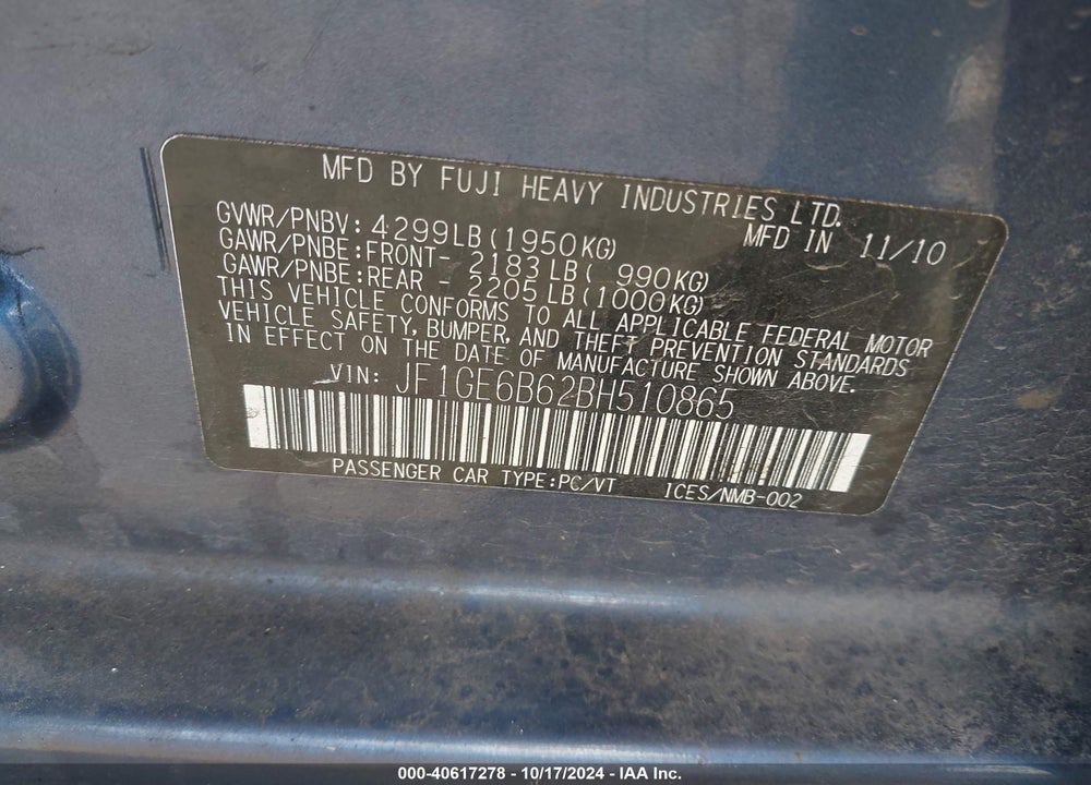 2011 SUBARU IMPREZA 2.5I PREMIUM VIN: JF1GE6B62BH510865
