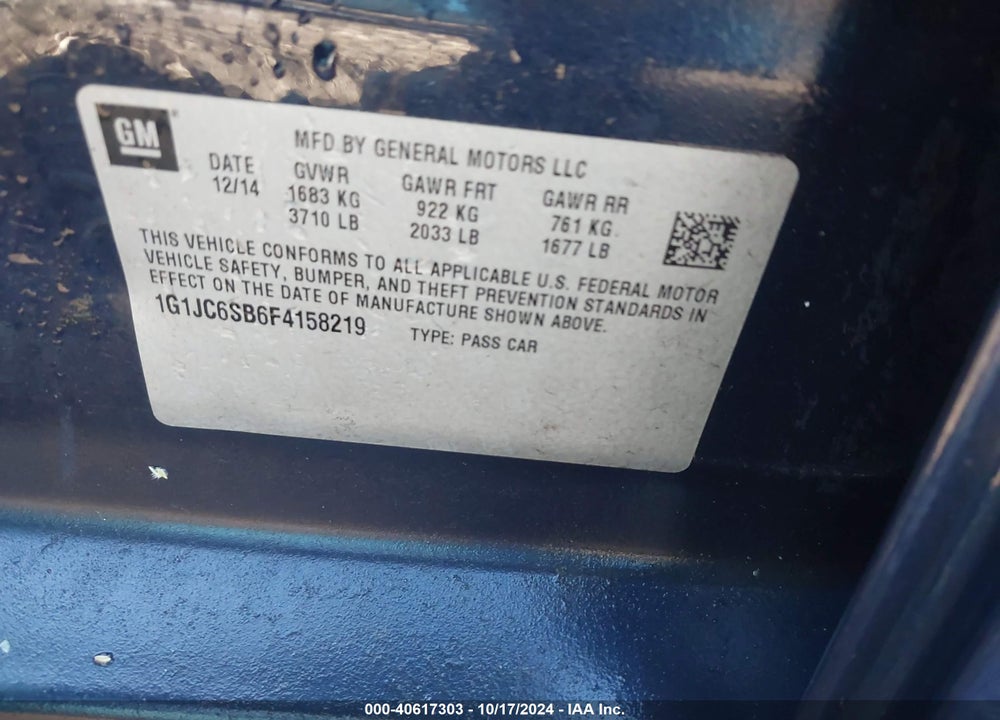 2015 CHEVROLET SONIC LT AUTO VIN: 1G1JC6SB6F4158219