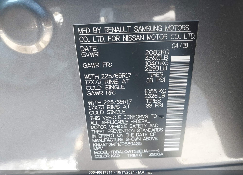 2018 NISSAN ROGUE SV VIN: KNMAT2MT1JP589435