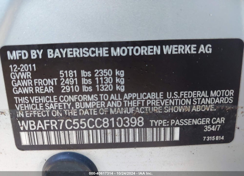 2012 BMW 5 SERIES 535I VIN: WBAFR7C55CC810398
