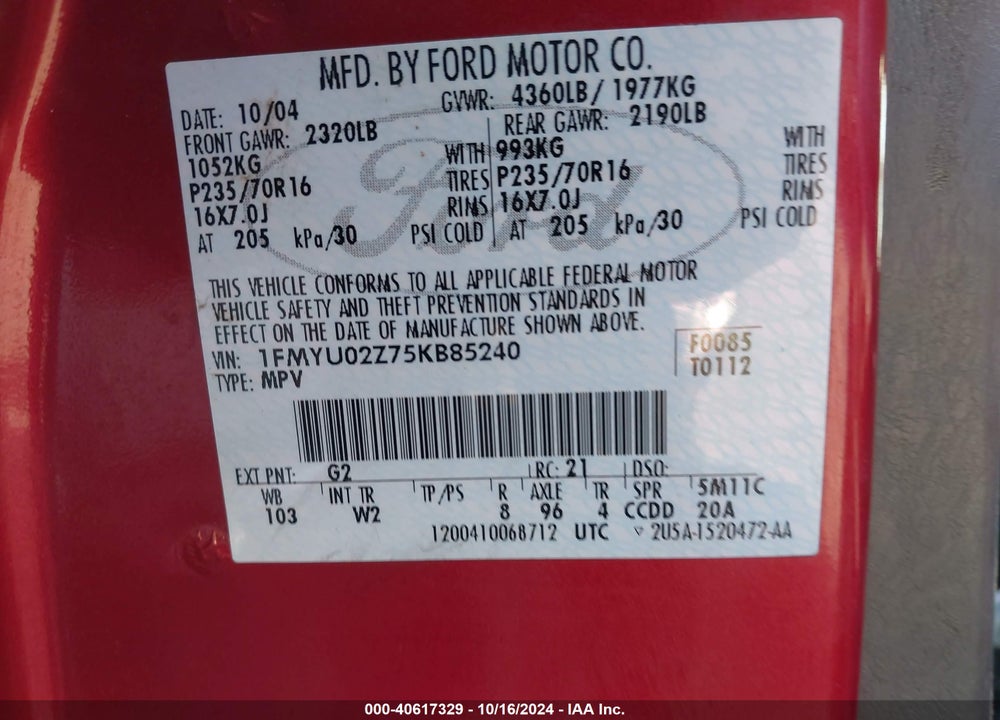 2005 FORD ESCAPE XLS VIN: 1FMYU02Z75KB85240