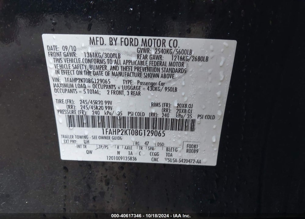 2011 FORD TAURUS SHO VIN: 1FAHP2KT0BG129065