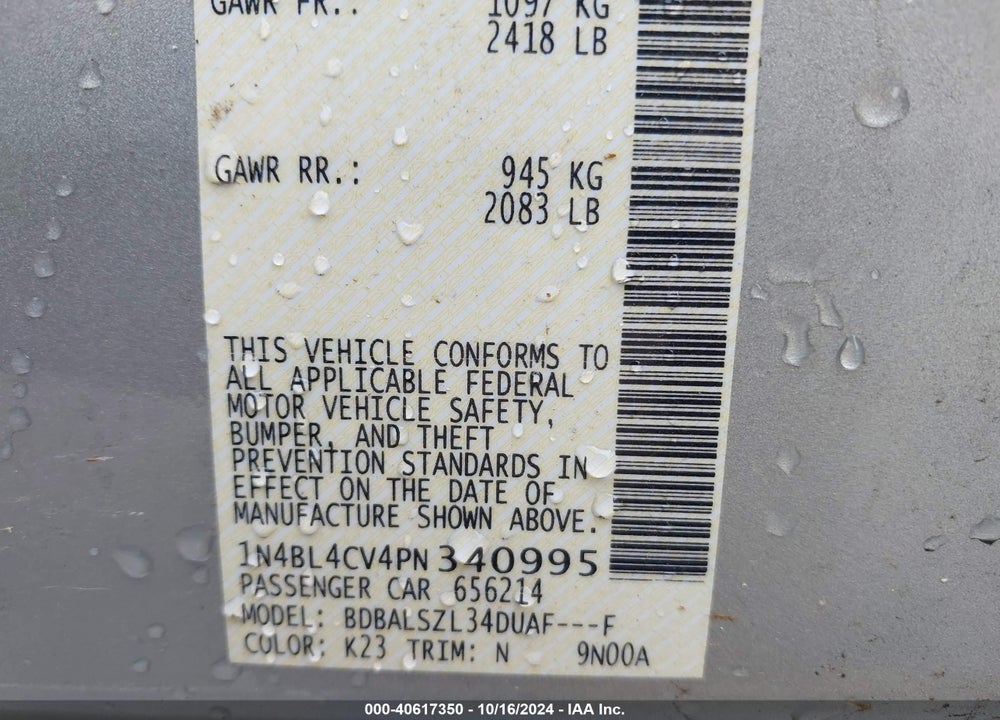 2023 NISSAN ALTIMA SR FWD VIN: 1N4BL4CV4PN340995