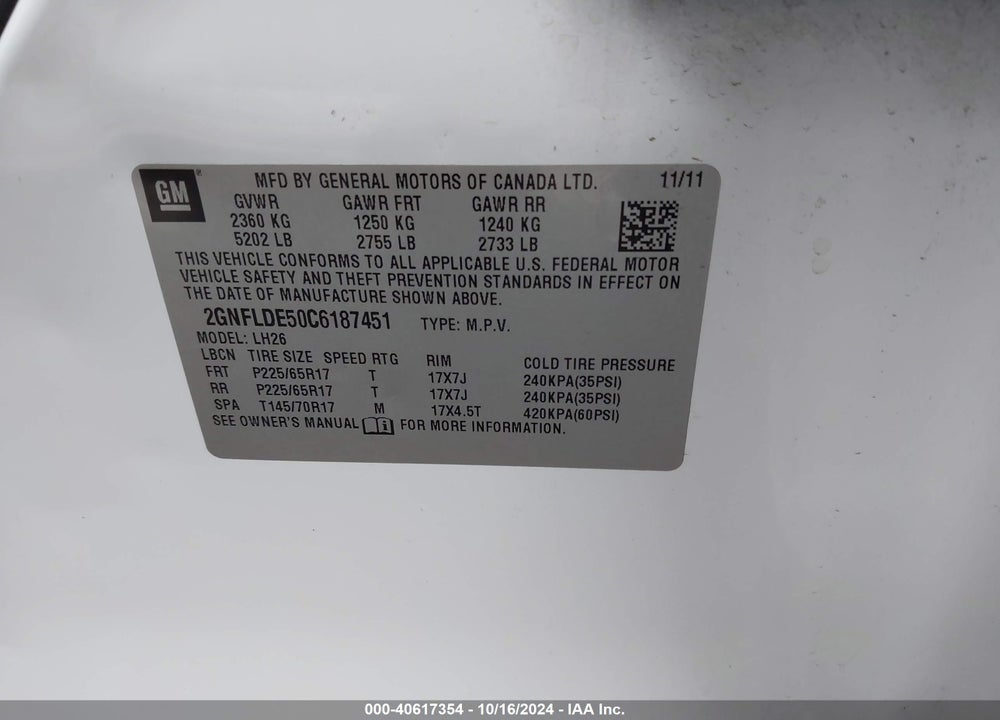 2012 CHEVROLET EQUINOX 1LT VIN: 2GNFLDE50C6187451