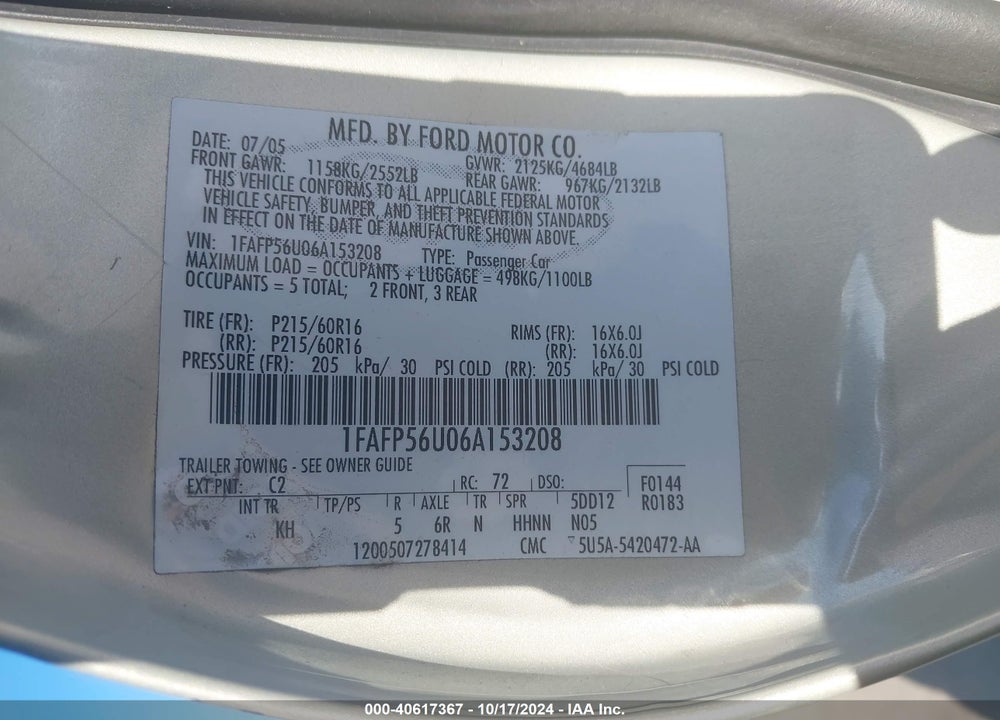 2006 FORD TAURUS SEL VIN: 1FAFP56U06A153208