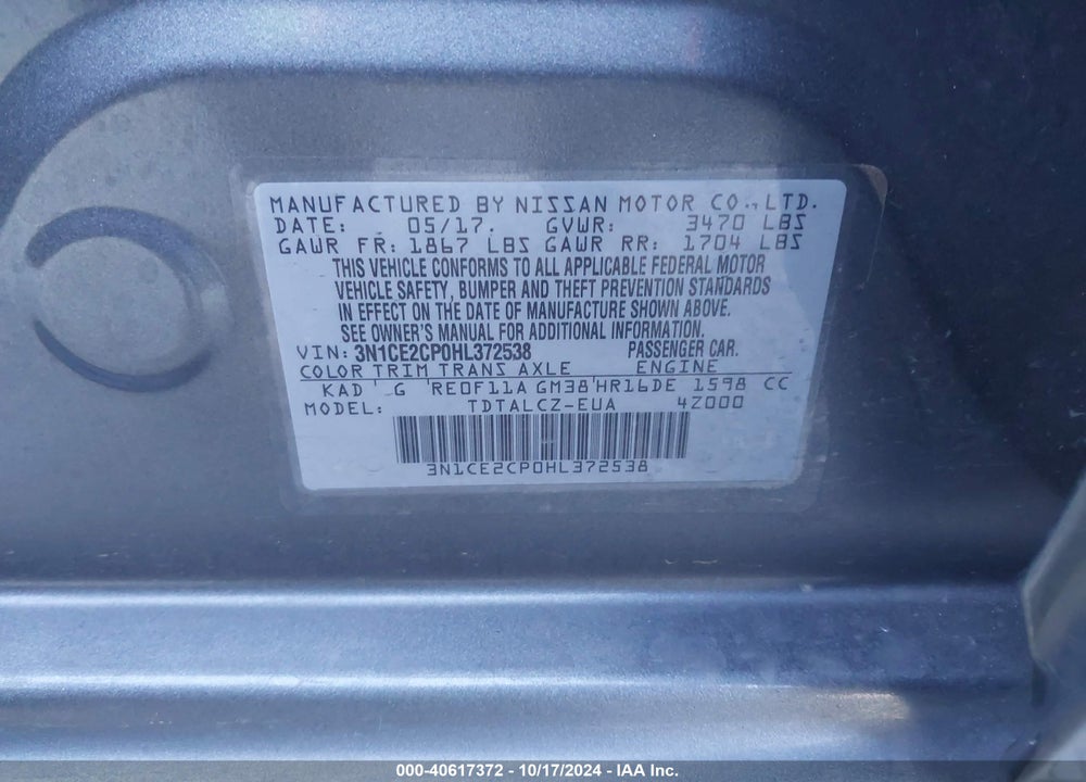 2017 NISSAN VERSA NOTE S PLUS VIN: 3N1CE2CP0HL372538