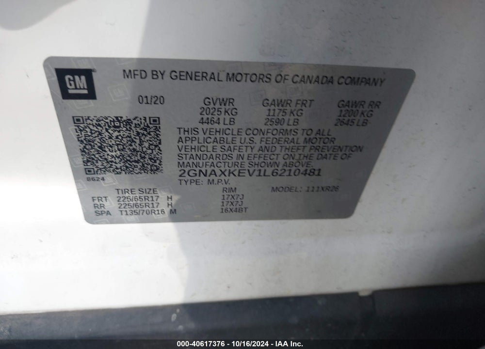 2020 CHEVROLET EQUINOX FWD LT 1.5L TURBO VIN: 2GNAXKEV1L6210481