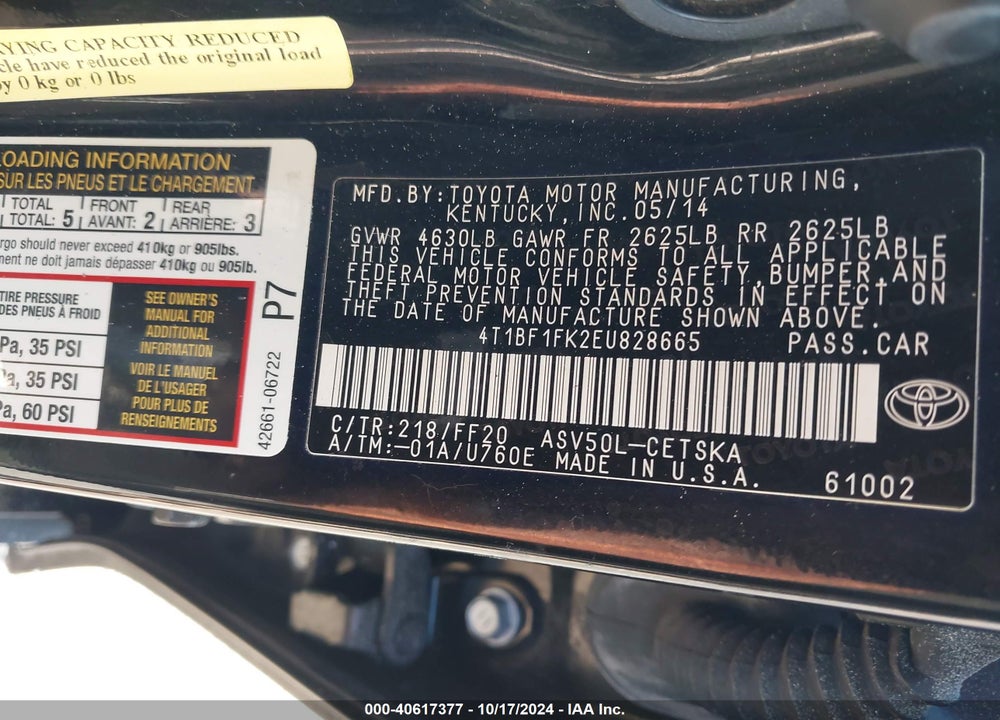 2014 TOYOTA CAMRY SE VIN: 4T1BF1FK2EU828665