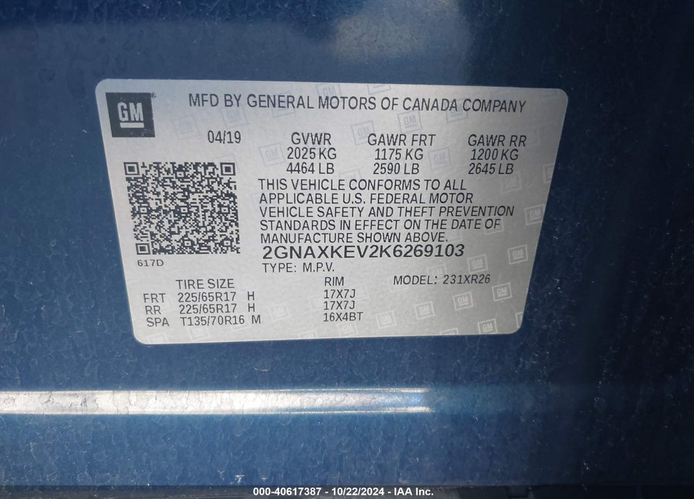 2019 CHEVROLET EQUINOX LT VIN: 2GNAXKEV2K6269103
