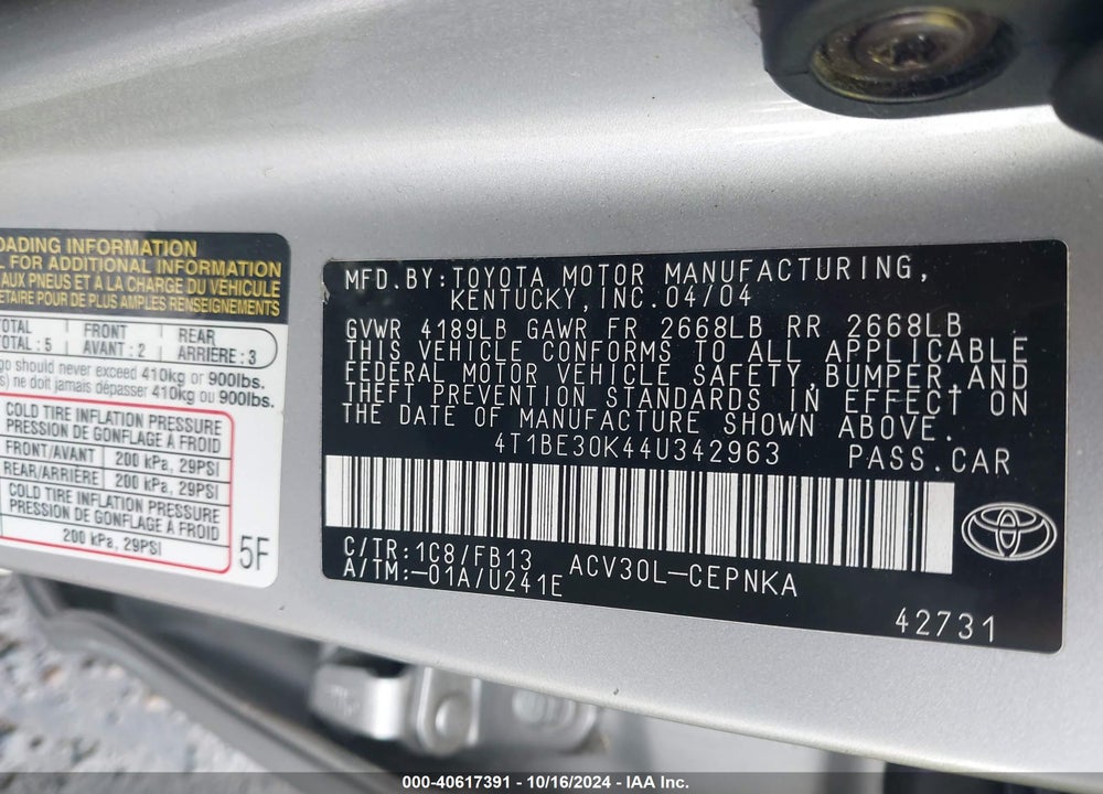 2004 TOYOTA CAMRY LE VIN: 4T1BE30K44U342963