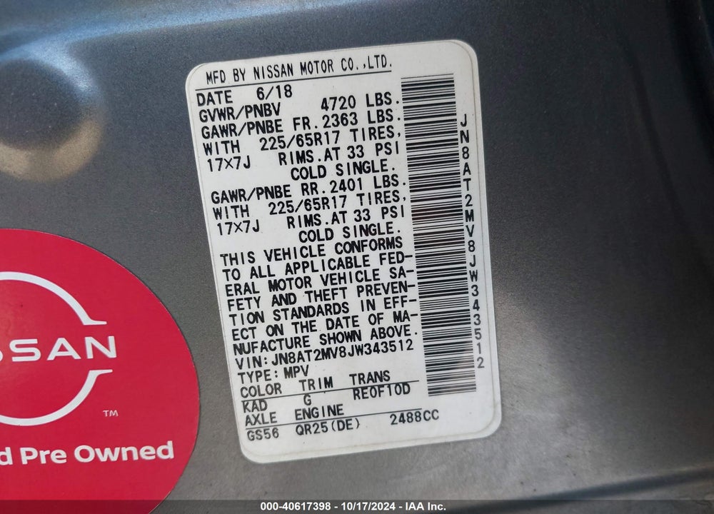 2018 NISSAN ROGUE SV VIN: JN8AT2MV8JW343512