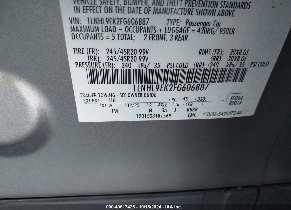 2015 LINCOLN MKS VIN: 1LNHL9EK2FG606887