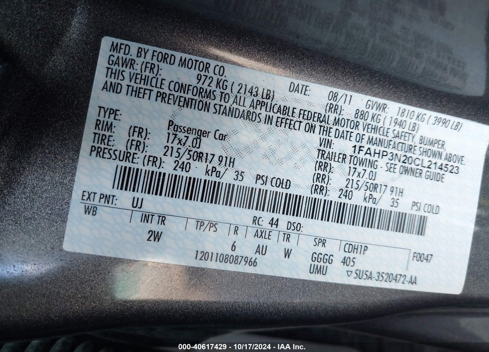2012 FORD FOCUS TITANIUM VIN: 1FAHP3N20CL214523