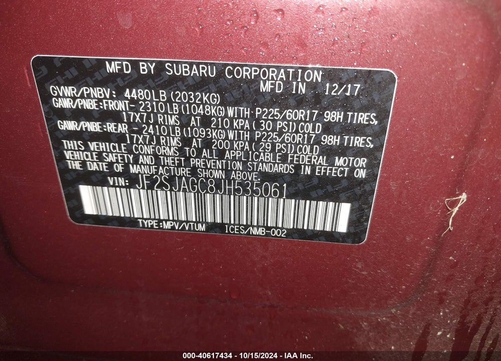 2018 SUBARU FORESTER 2.5I PREMIUM VIN: JF2SJAGC8JH535061