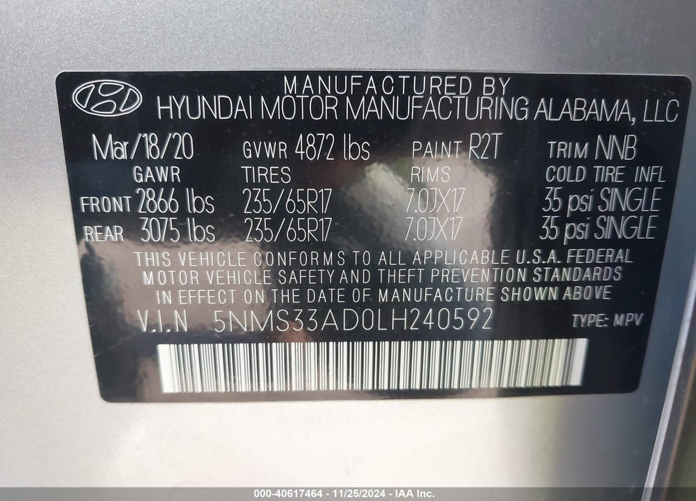 2020 HYUNDAI SANTA FE SEL VIN: 5NMS33AD0LH240592