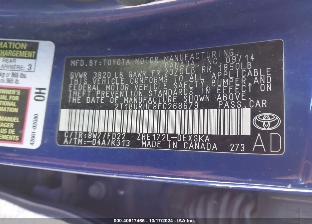 2015 TOYOTA COROLLA S PLUS VIN: 2T1BURHE8FC268679