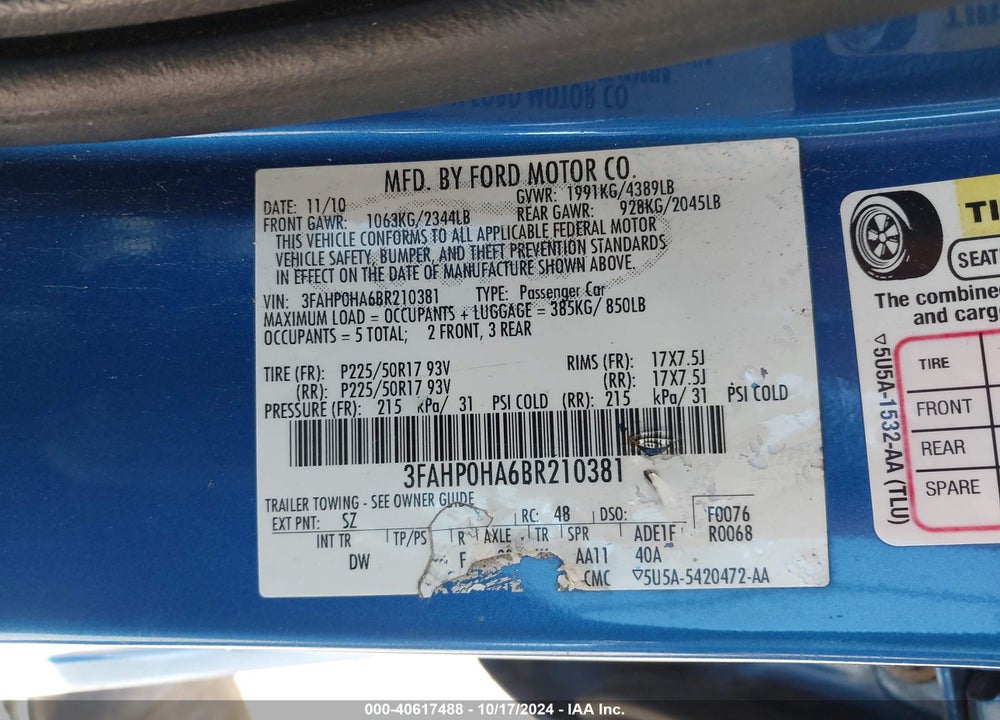 2011 FORD FUSION SE VIN: 3FAHP0HA6BR210381