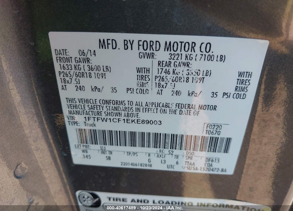 2014 FORD F-150 FX2 VIN: 1FTFW1CF1EKE89003