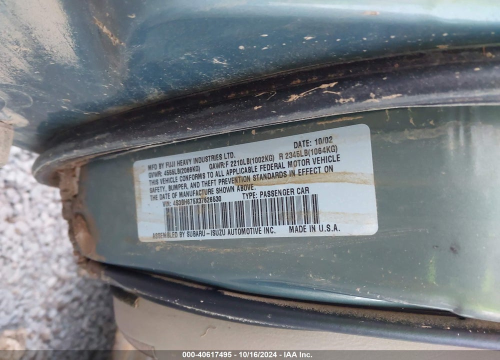 2003 SUBARU OUTBACK VIN: 4S3BH675X37626530