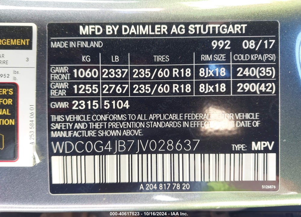 2018 MERCEDES-BENZ GLC 300 VIN: WDC0G4JB7JV028637
