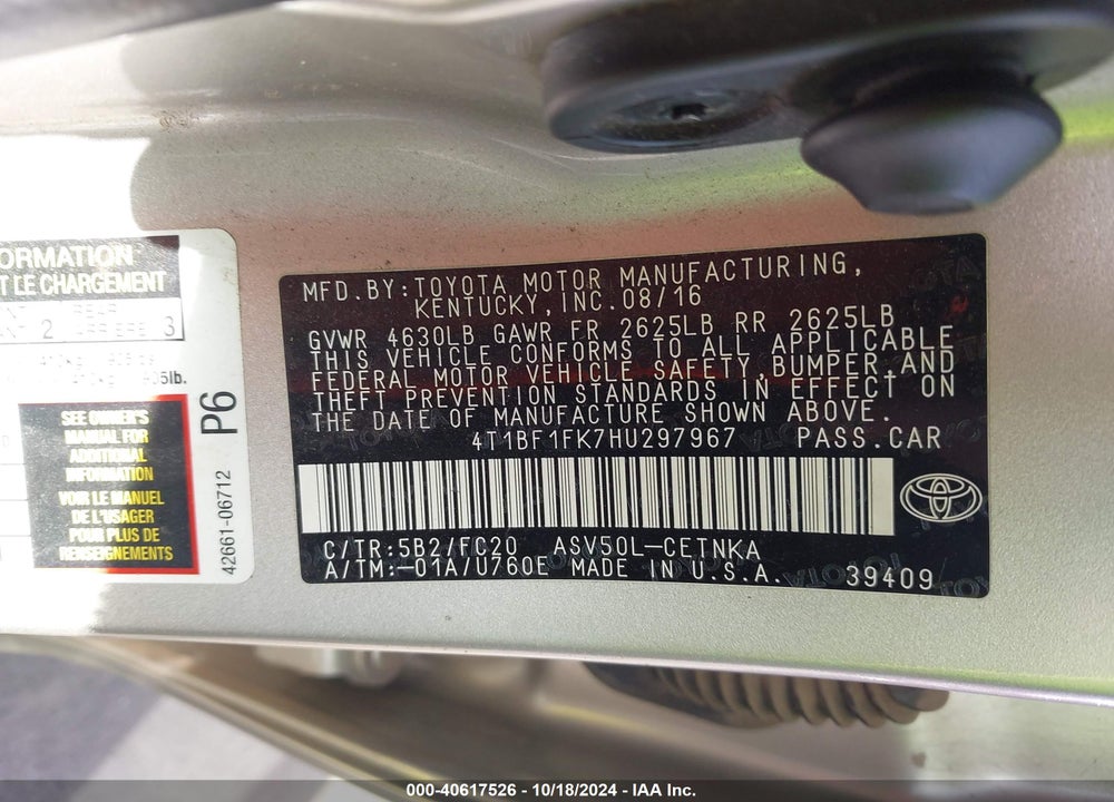 2017 TOYOTA CAMRY LE VIN: 4T1BF1FK7HU297967