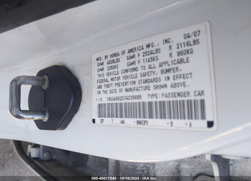 2007 ACURA TL 3.2 VIN: 19UUA66207A035685