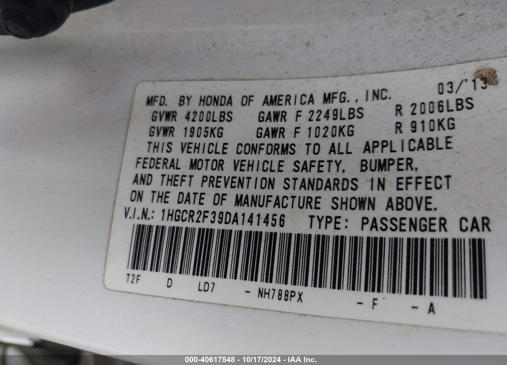 2013 HONDA ACCORD LX VIN: 1HGCR2F39DA141456
