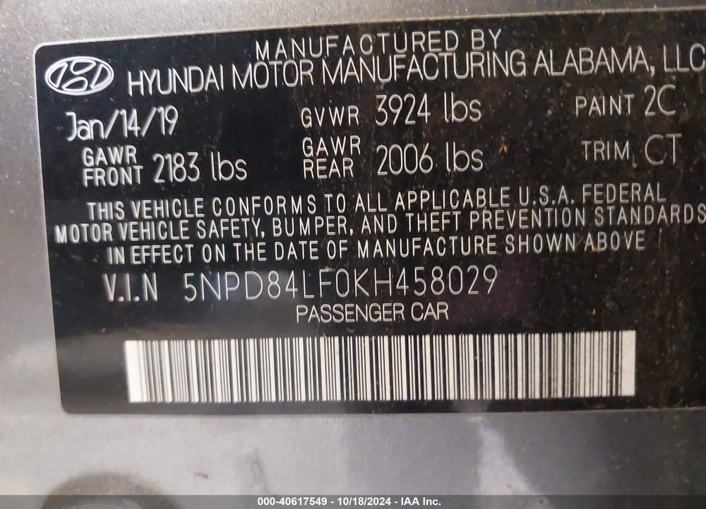 2019 HYUNDAI ELANTRA SEL VIN: 5NPD84LF0KH458029