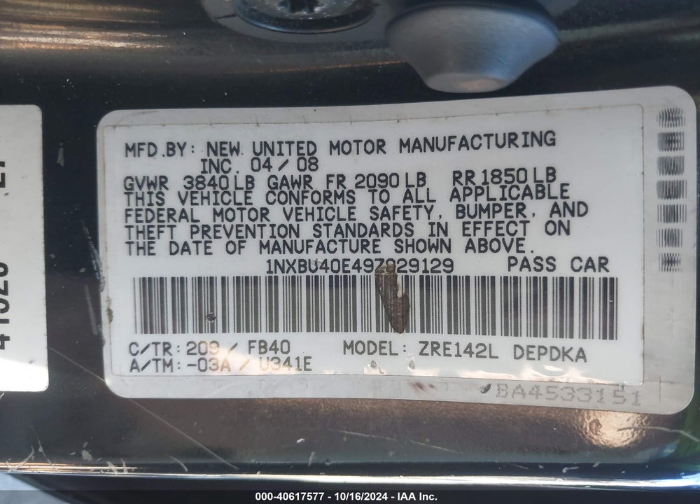 2009 TOYOTA COROLLA VIN: 1NXBU40E49Z029129