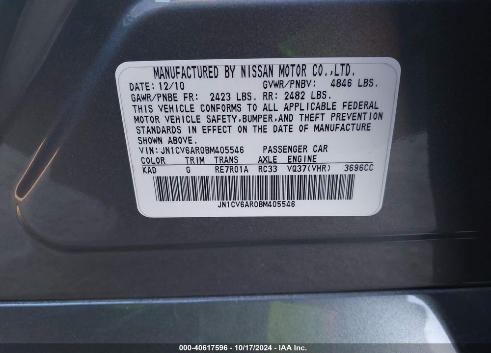 2011 INFINITI G37X VIN: JN1CV6AR0BM405546