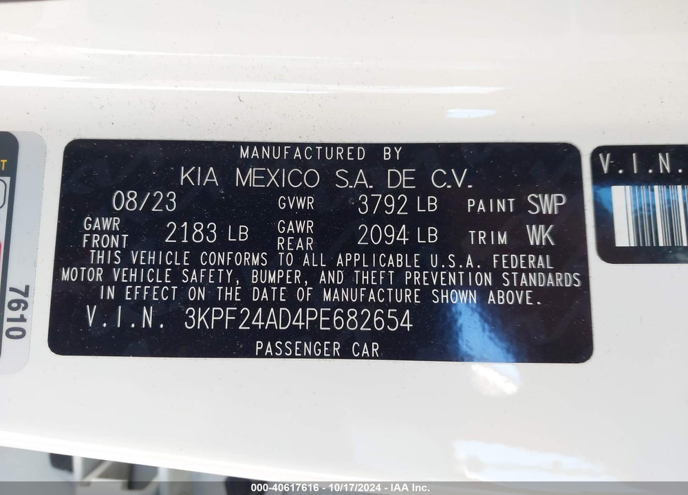 2023 KIA FORTE LXS VIN: 3KPF24AD4PE682654
