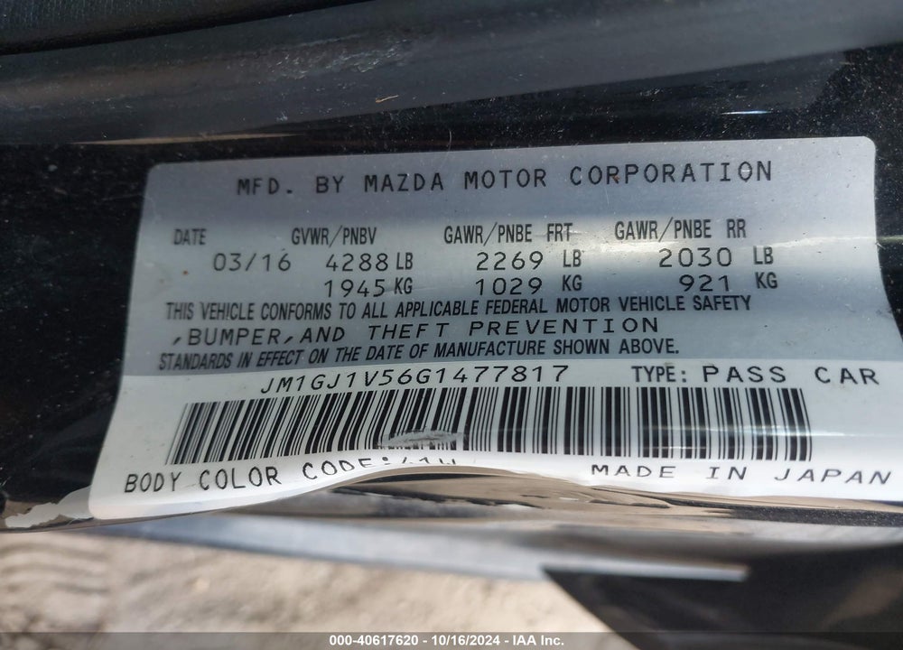 2016 MAZDA 6 I TOURING VIN: JM1GJ1V56G1477817
