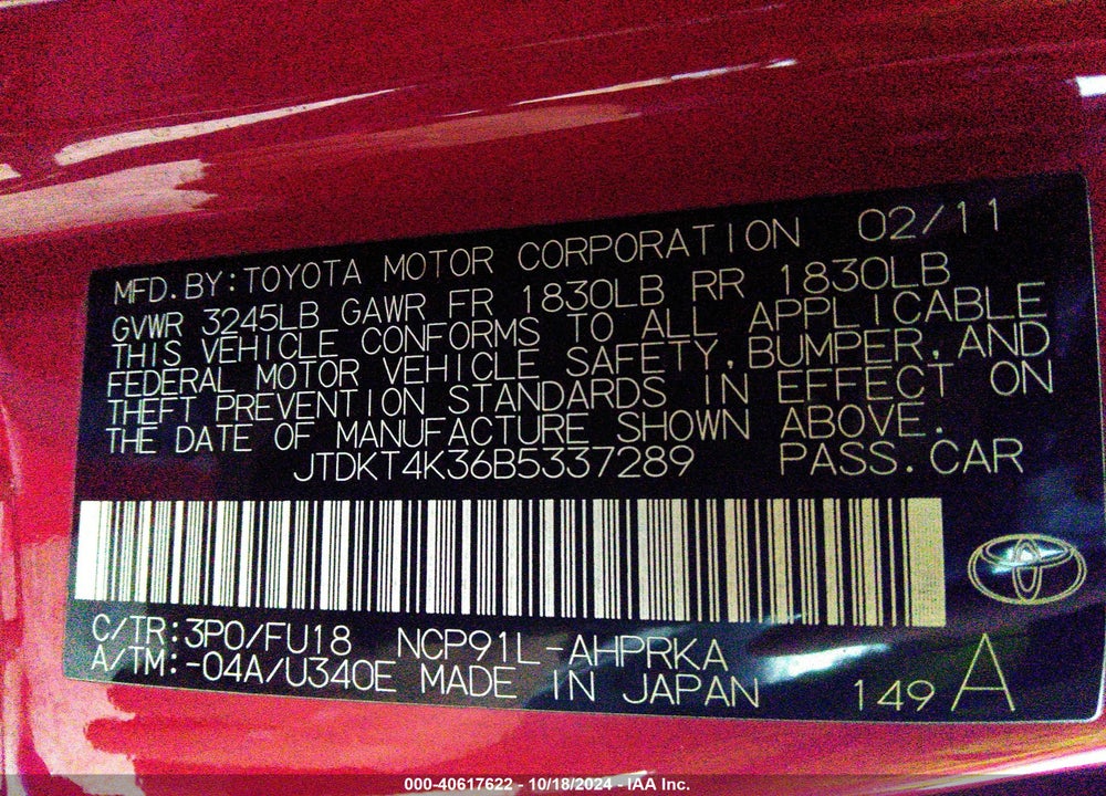 2011 TOYOTA YARIS BASE (A4) VIN: JTDKT4K36B5337289