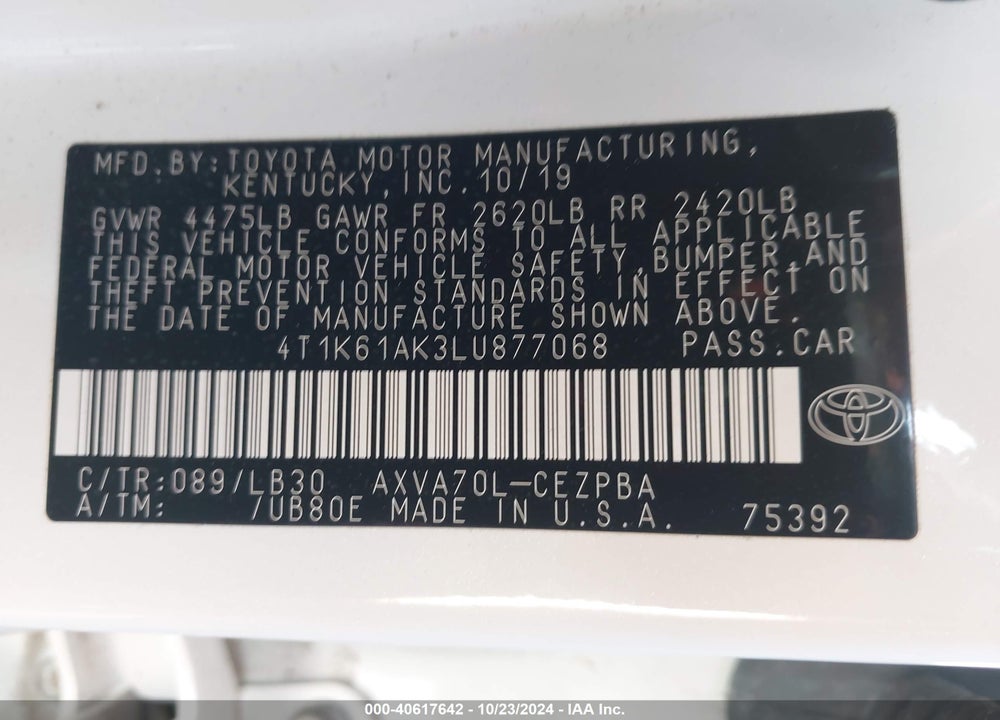 2020 TOYOTA CAMRY VIN: 4T1K61AK3LU877068