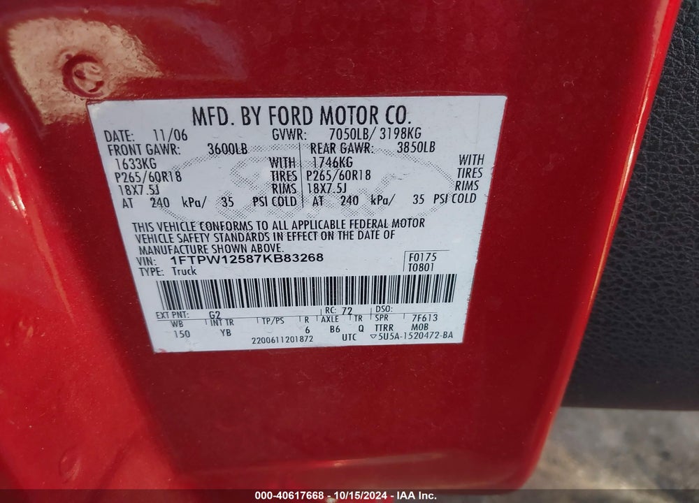 2007 FORD F-150 LARIAT/XLT VIN: 1FTPW12587KB83268