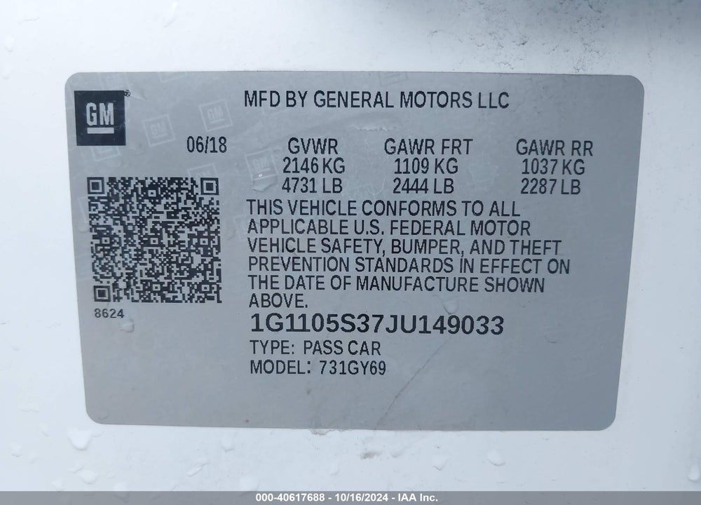 2018 CHEVROLET IMPALA 1LT VIN: 1G1105S37JU149033