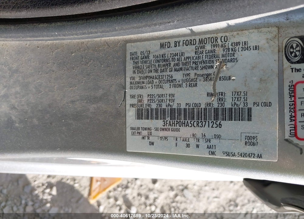 2012 FORD FUSION SE VIN: 3FAHP0HA5CR371256