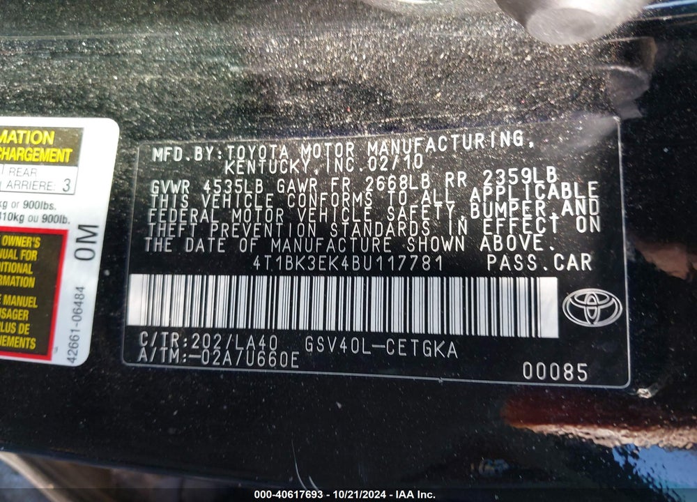 2011 TOYOTA CAMRY XLE V6 VIN: 4T1BK3EK4BU117781