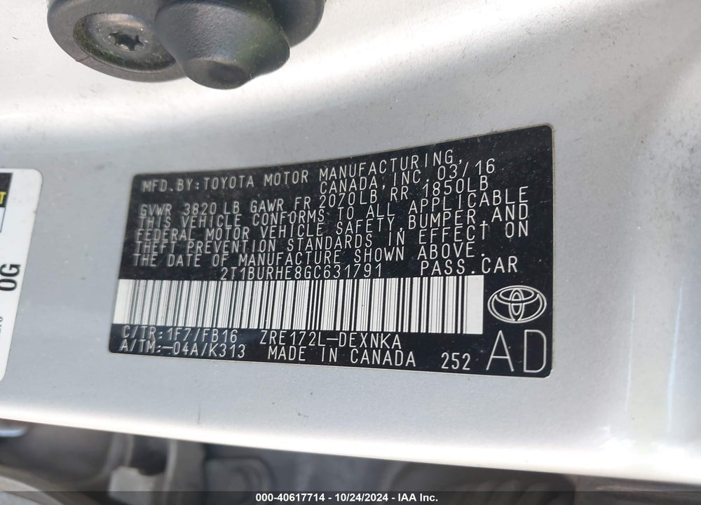 2016 TOYOTA COROLLA LE VIN: 2T1BURHE8GC631791